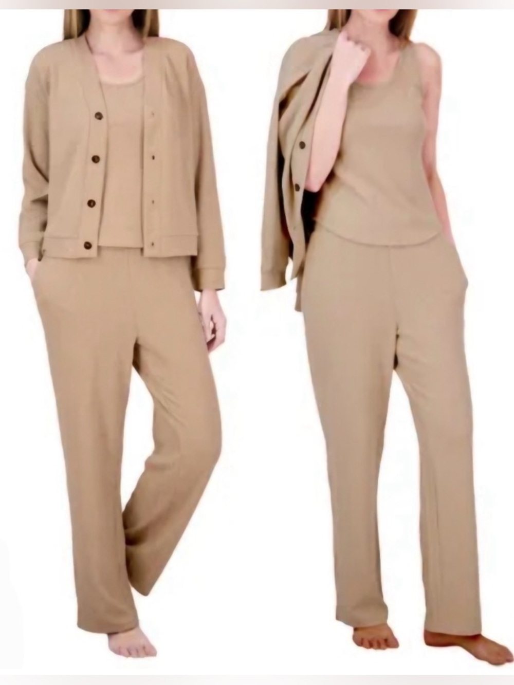 Live 2 Lounge Women's 3-Piece Cable Knit Textured Lounge Set, Tan, Size Small